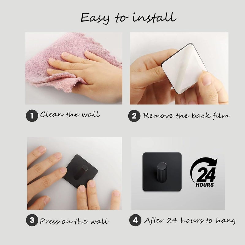 EDMILE Adhesive Towel Hooks 6 Pack, Bath Towel Hooks, Adhesive Wall Hooks for Bathroom Coat Robe Kitchen, Stainless Steel self-Adhesive Hooks, Black - Image 3